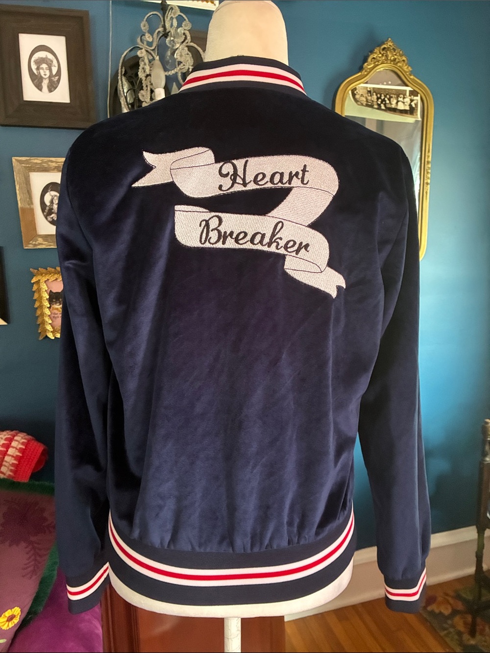 Vintage Forever 21 Velvet Heart Breaker Rose Embroidered Bomber Jacket MEDIUM
